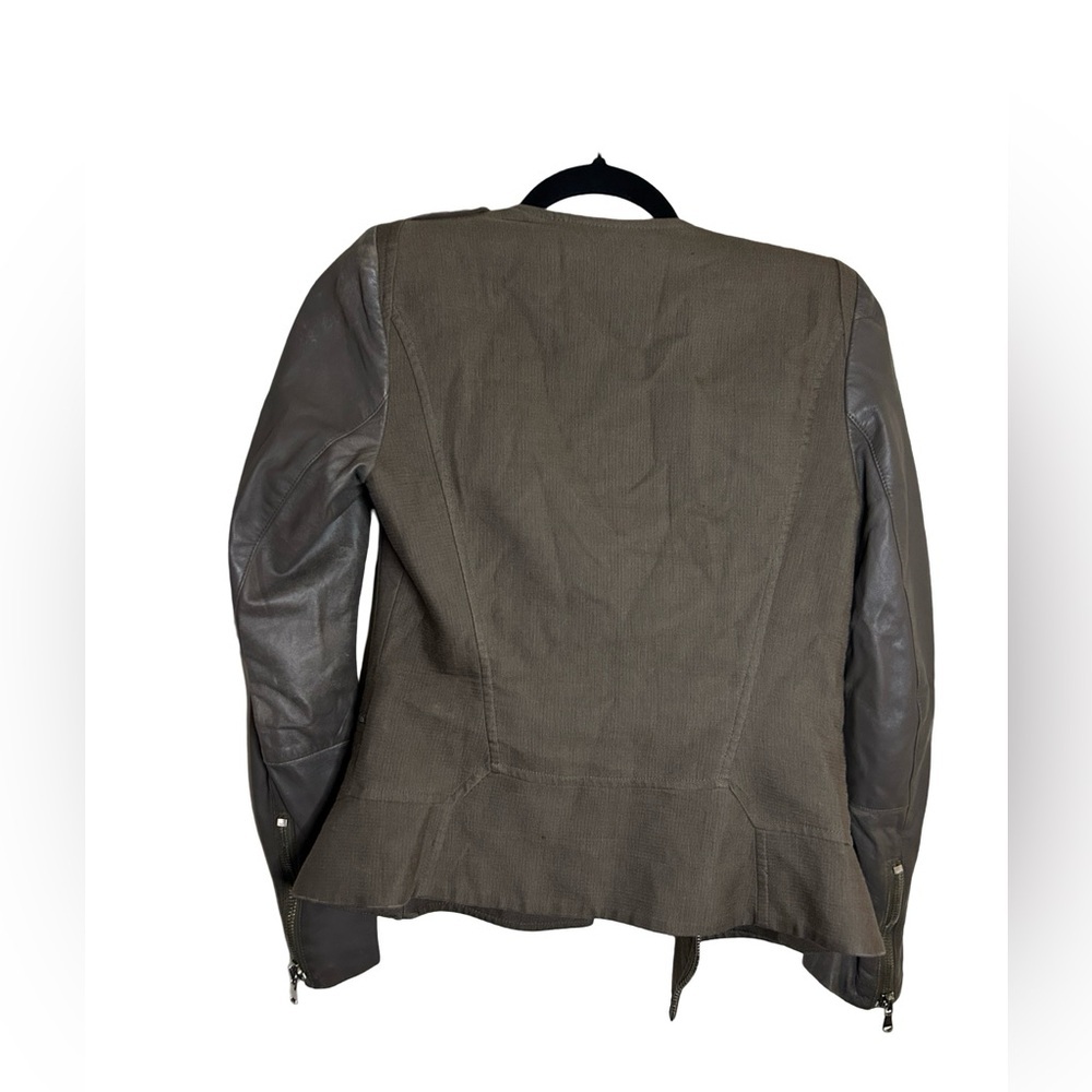 Maje Euphorie Women's Black and Khaki Green Silk Leather Moto Biker Jacket Small - Picture 5 of 8